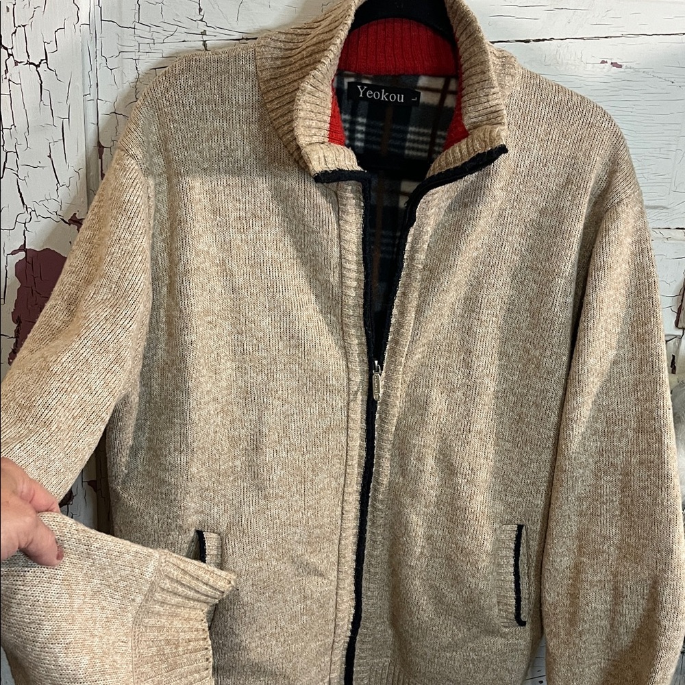 Yeokou Beige Zip Front Sweater Fuzzy Lined Side Hip Pockets Large Cashmere Blend - Picture 3 of 6